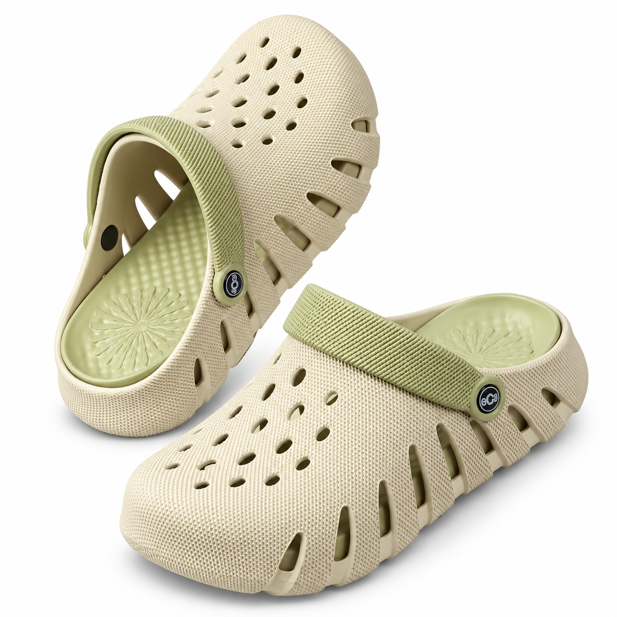 3D Texture Imported Clogs Beige Green View 1 Beige and green 3D texture clogs, view 1