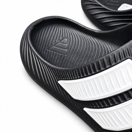 Black and white Adidas Purechill slides, view 2