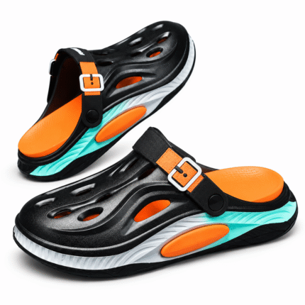 Black and orange clogs with turquoise and white sole, product view 1