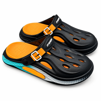 Black and orange clogs with turquoise and white sole, product view 2
