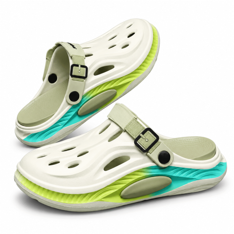 White and green clogs with lime and turquoise sole, view 1