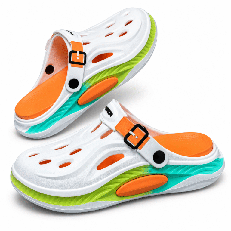 White and orange clogs with lime and turquoise sole, view 1