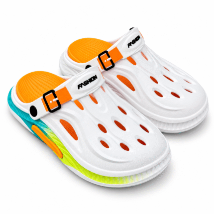 White and orange clogs with lime and turquoise sole, view 2