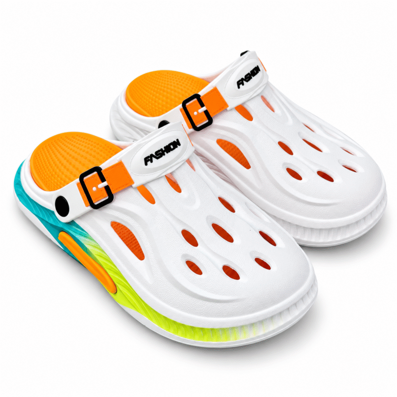 White and orange clogs with lime and turquoise sole, view 2